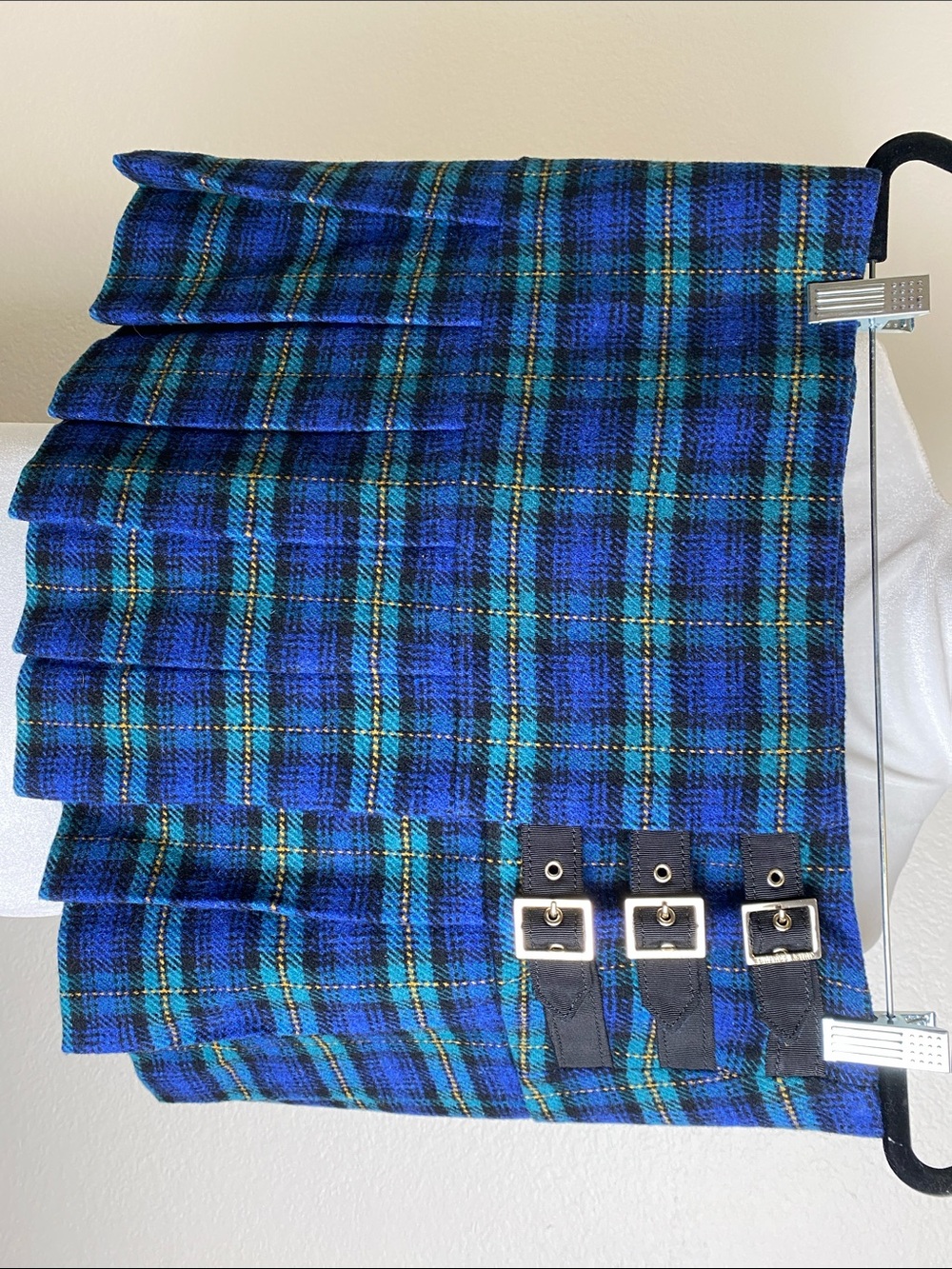 Y2K Juicy Couture Plaid Pleated Wrap Mini Skirt Blue Green Wool Blend w Buckles